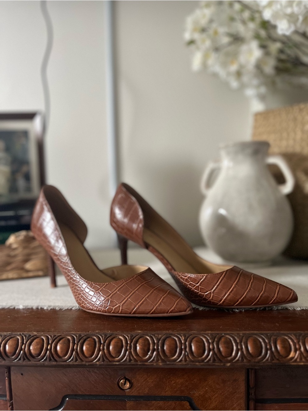 Nine West Brown Croc-Textured Pointed Toe Pumps - Women